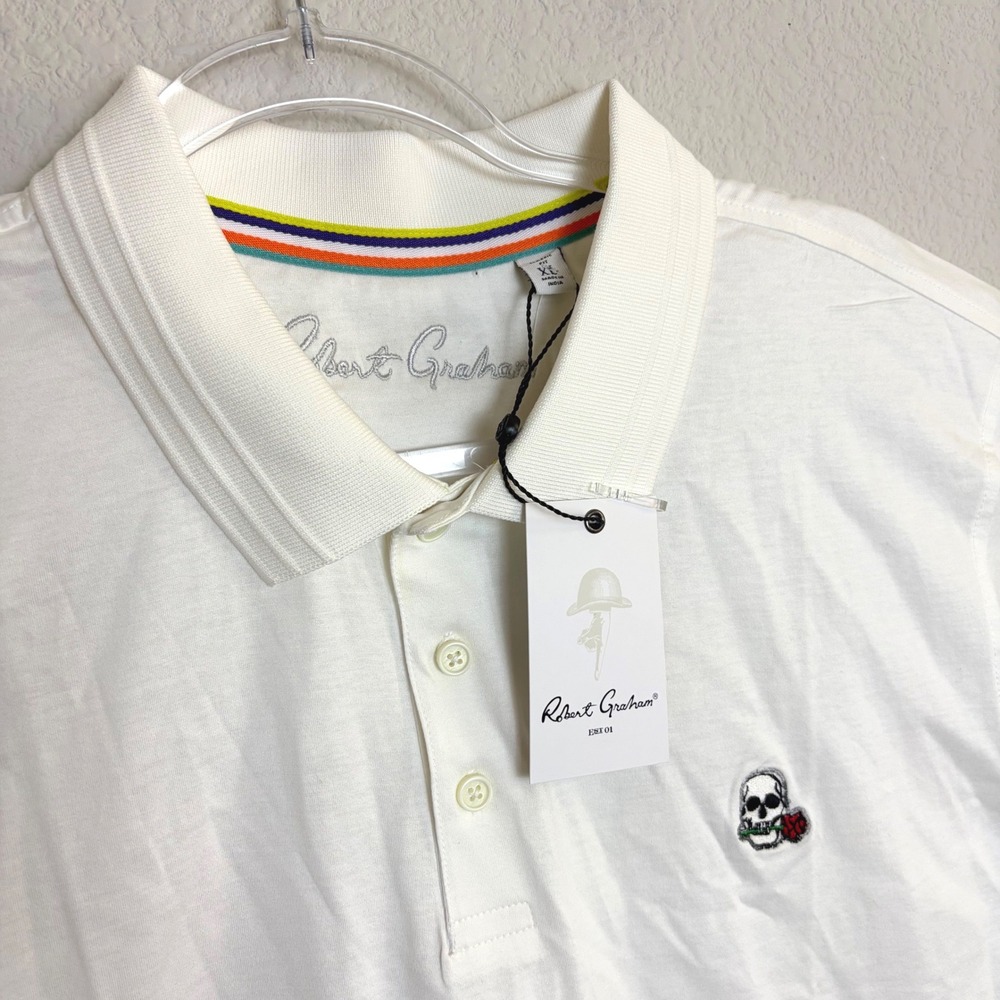NEW Robert Graham Mens The Player White Skull Rose Polo Shirt‎ XL Goth Preppy